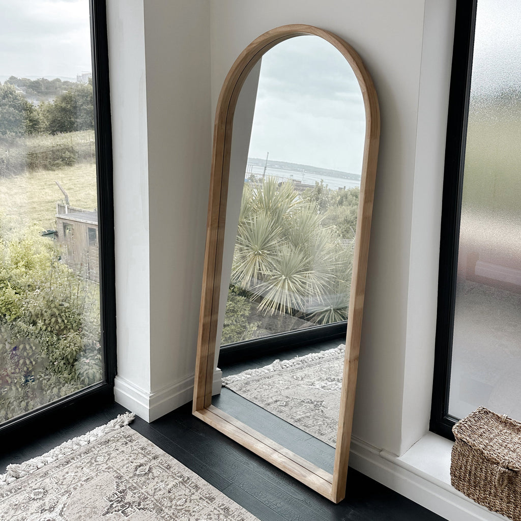 Full Length Light Wood Arched Wooden Mirror 170cm x 80cm
